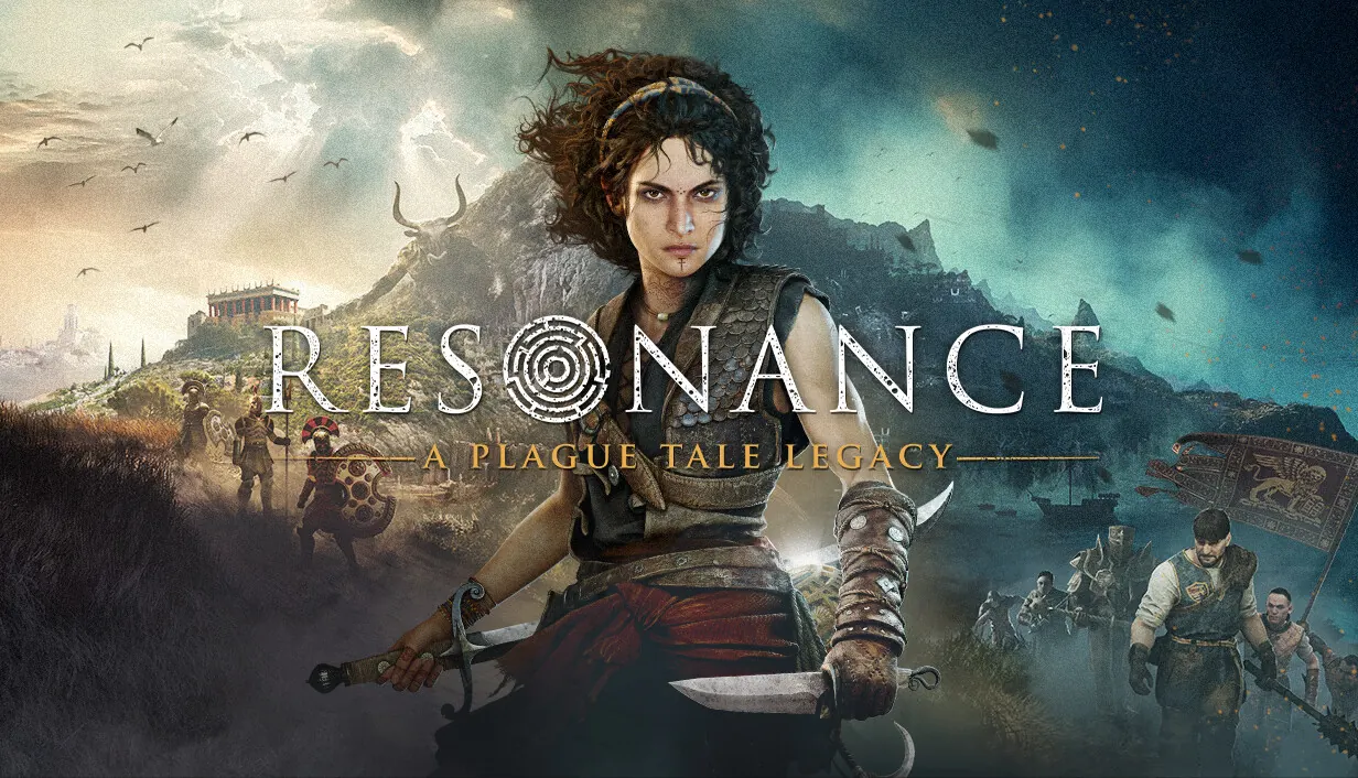 Resonance: A Plague Tale Legacy key art. Sophia, dagger in hand, stands on a rocky Greek hillside below a temple, with armed figures behind her.