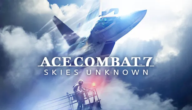 Ace Combat 7: Skies Unknown key art. A fighter jet climbs through bright clouds above a pilot by a ladder and the game’s logo.