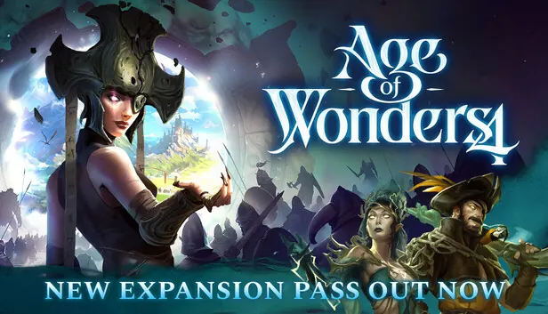 Age of Wonders 4 expansion pass art. A horned sorceress, a pirate captain and a heroine in green gather beside the game’s logo.