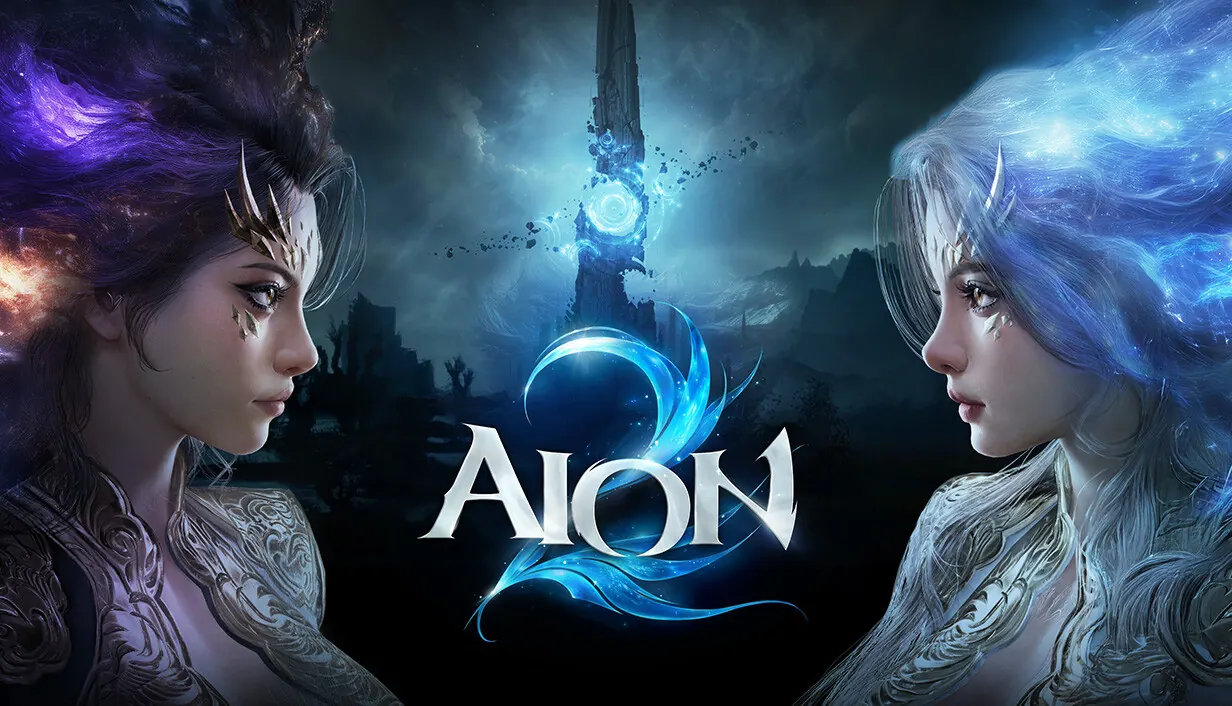 AION 2 key art. Two Daeva women, one dark-haired and one silver-haired, face each other across a glowing tower under the AION 2 logo.