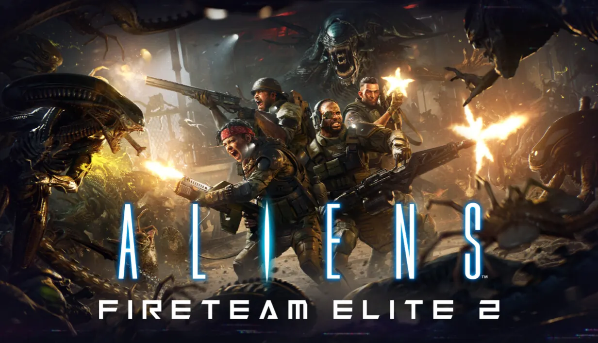 Aliens: Fireteam Elite 2 key art. A squad of colonial marines fires into a swarm of xenomorphs closing in from the dark.