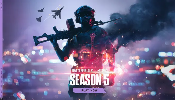Battlefield 6 Season 5 art. A soldier in a helmet and headset carries a rifle on his shoulder through smoke and city lights, with jets overhead.