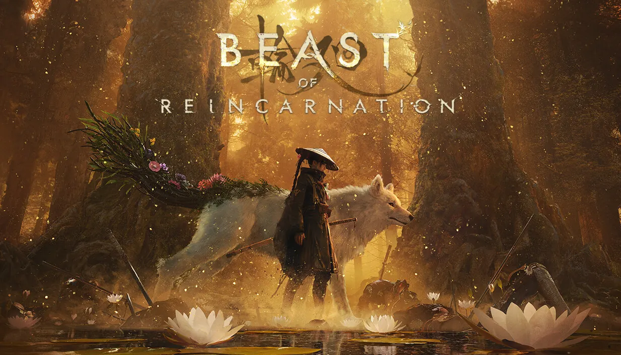 Beast of Reincarnation key art. A girl in a wide straw hat walks beside a huge white wolf through a golden forest, among water lilies.