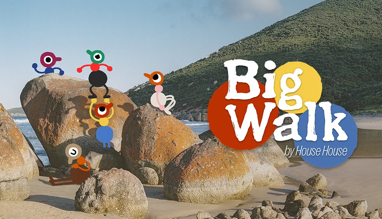 Big Walk key art. Small, round explorers in bright colours stand on orange boulders by the sea, beside the Big Walk logo.
