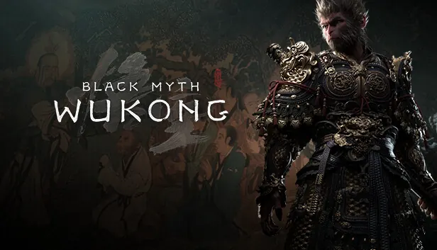 Black Myth: Wukong key art. The Destined One, a monkey warrior in ornate dark armour, stands beside the game’s logo over a faded painted mural.