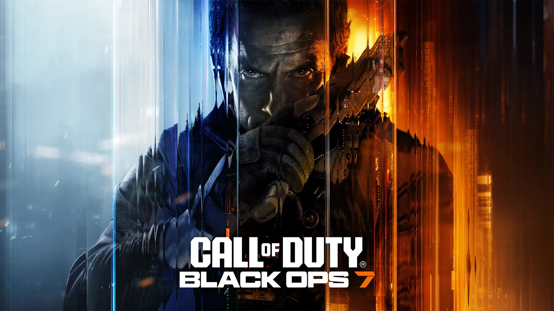 Call of Duty: Black Ops 7 key art. A man in dark tactical gear holds a rifle up to his face, lit cold blue on one side and burning orange on the other, above the game’s logo.