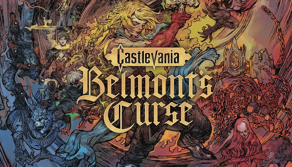 Castlevania: Belmont’s Curse key art. Rose Belmont lunges forward with her whip, surrounded by monsters drawn in fiery reds and cold blues, with a burning tower behind her.