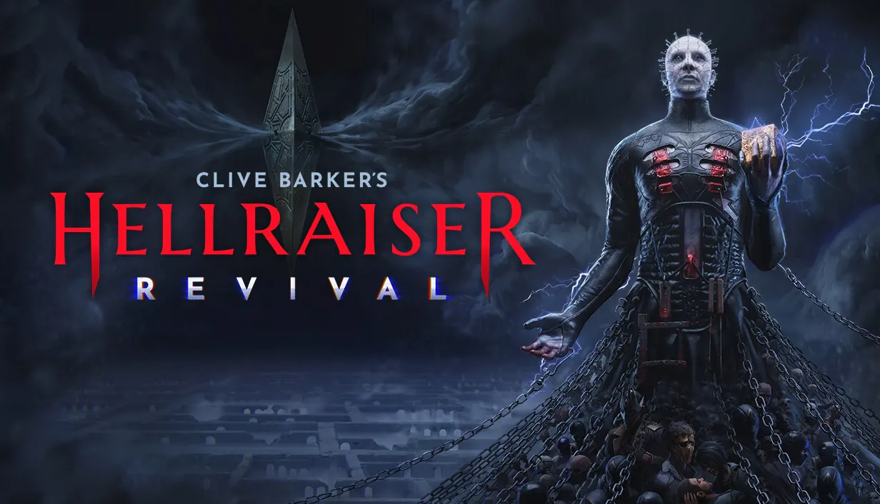 Clive Barker’s Hellraiser: Revival key art. Pinhead holds up the glowing puzzle box above a sea of chains and bodies.