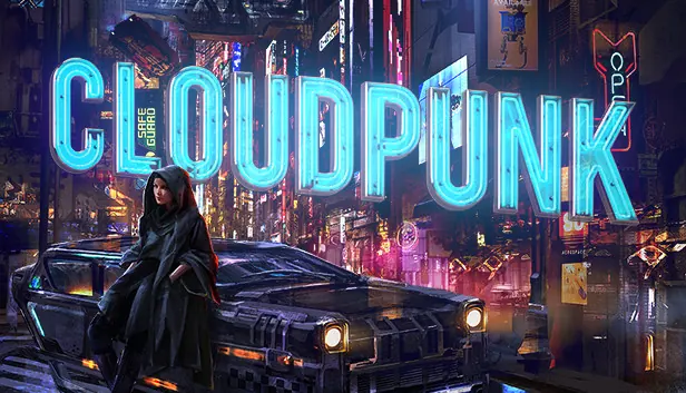 Cloudpunk key art. A hooded courier sits on a hover car in a neon-lit street under the Cloudpunk sign.