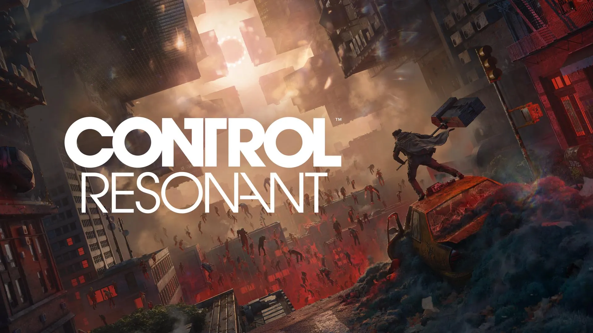 Control Resonant key art. A figure with a huge hammer stands on a wrecked taxi above a warped Manhattan, where buildings hang from the sky.