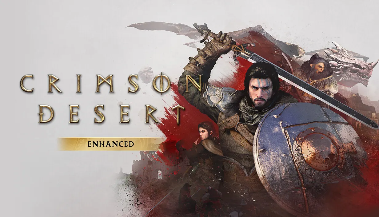 Crimson Desert Enhanced key art. Kliff raises a sword behind a battered round shield, with a dragon and a fighter behind him and a red splash beside the gold Crimson Desert logo.
