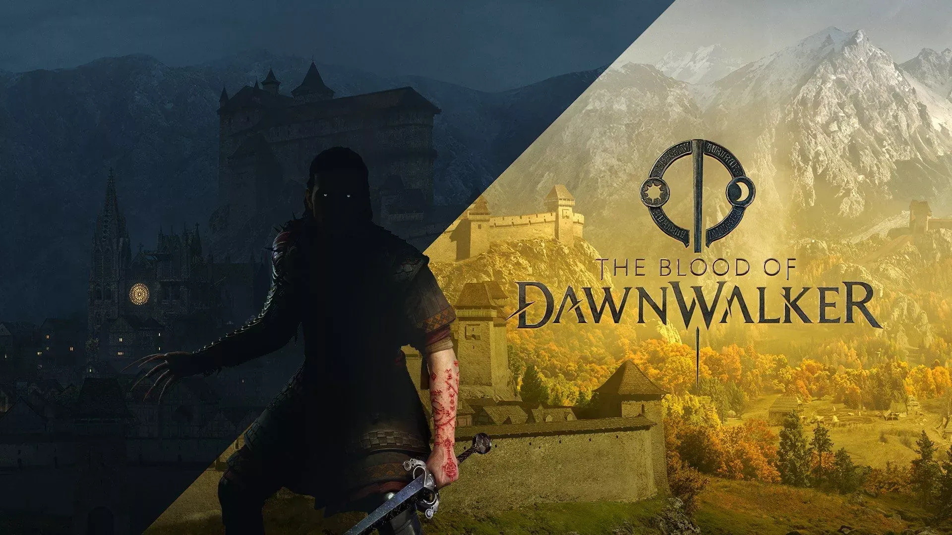 The Blood of Dawnwalker key art. The hero stands in shadow on the night half, and a castle above an autumn valley fills the day half.