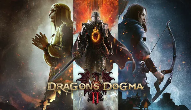 Dragon’s Dogma 2 key art. A lion-headed warrior, a knight with a glowing chest and an archer stand in three panels above the game’s logo.