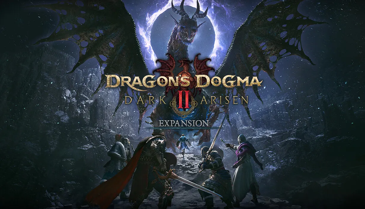 Dragon’s Dogma 2: Dark Arisen key art. Four adventurers face a winged dragon rising over a snowy, ruined canyon.