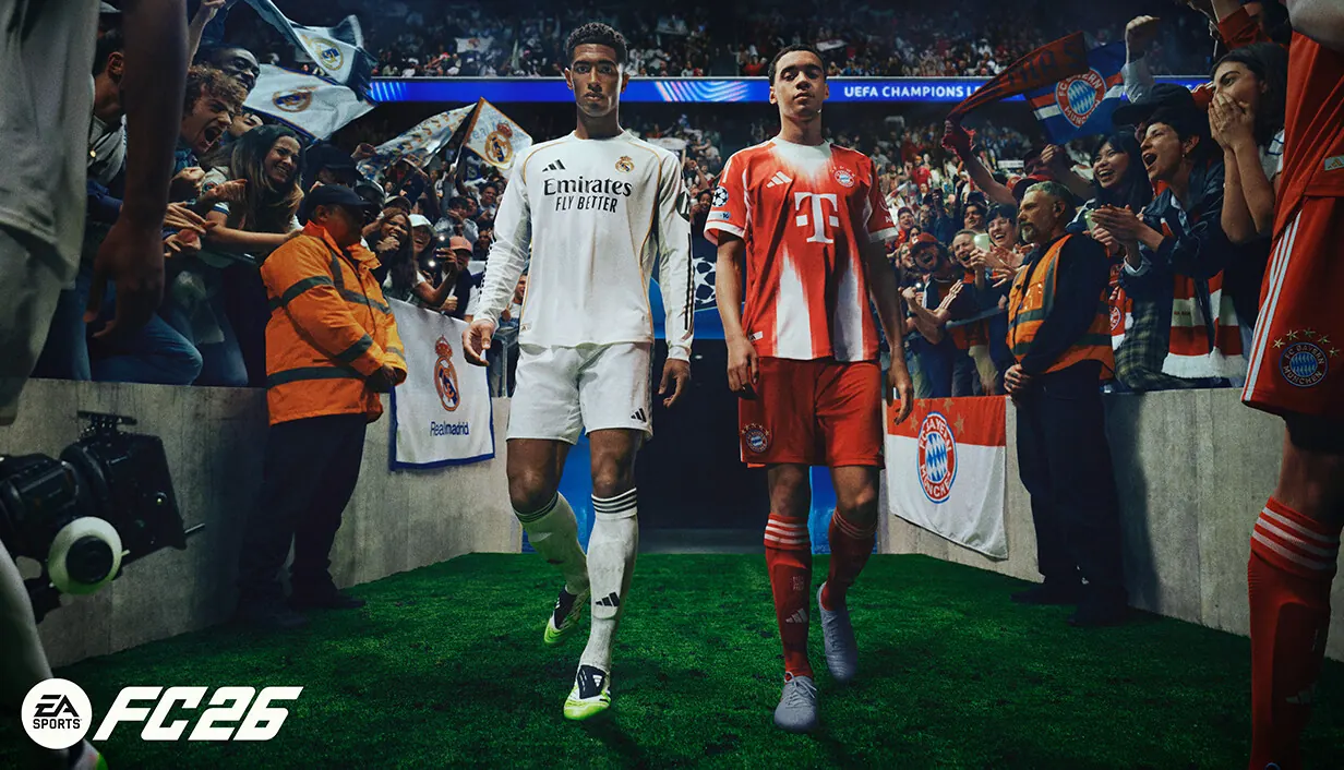 EA Sports FC 26 cover art. Two players, one in Real Madrid’s white and one in Bayern Munich’s red, walk out of a tunnel into a packed stadium.