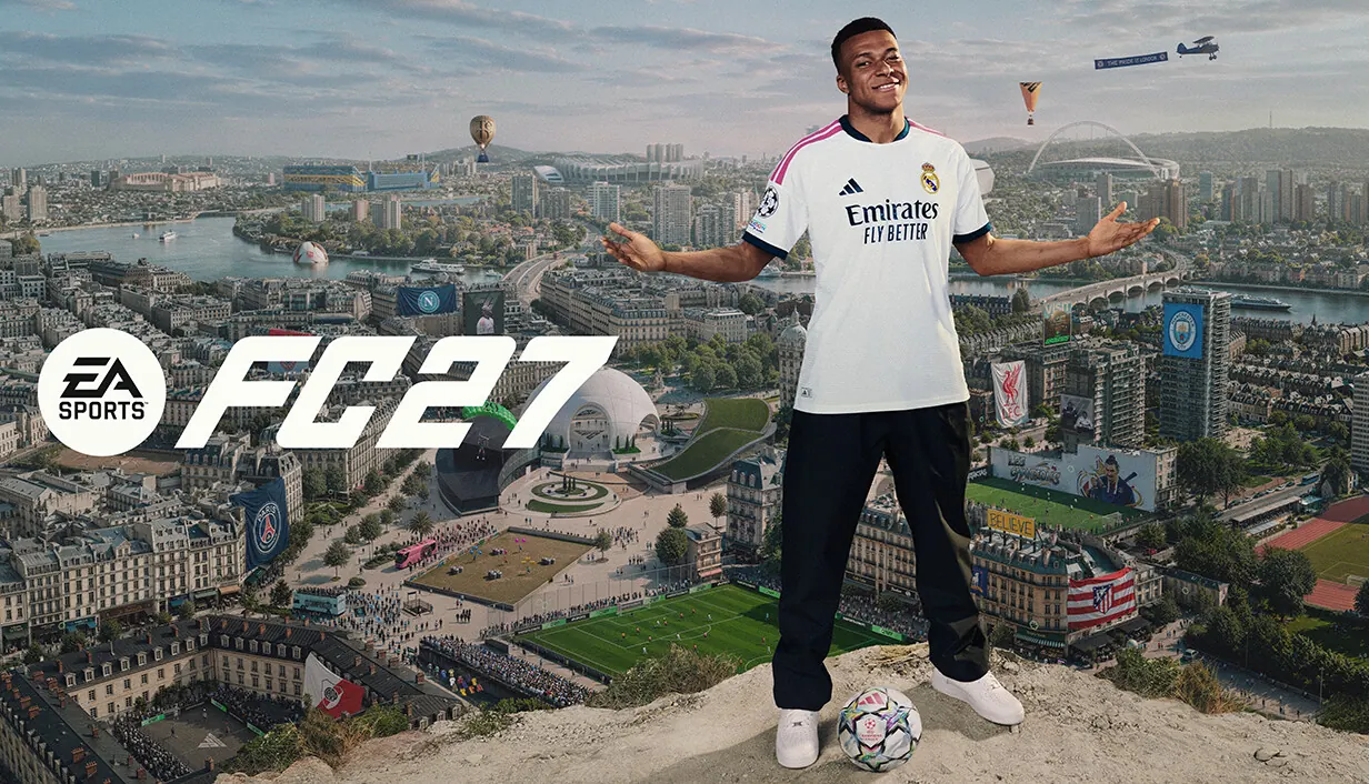 EA Sports FC 27 key art. Kylian Mbappé in a Real Madrid kit stands with his arms open above a city stadium, beside the FC 27 logo.