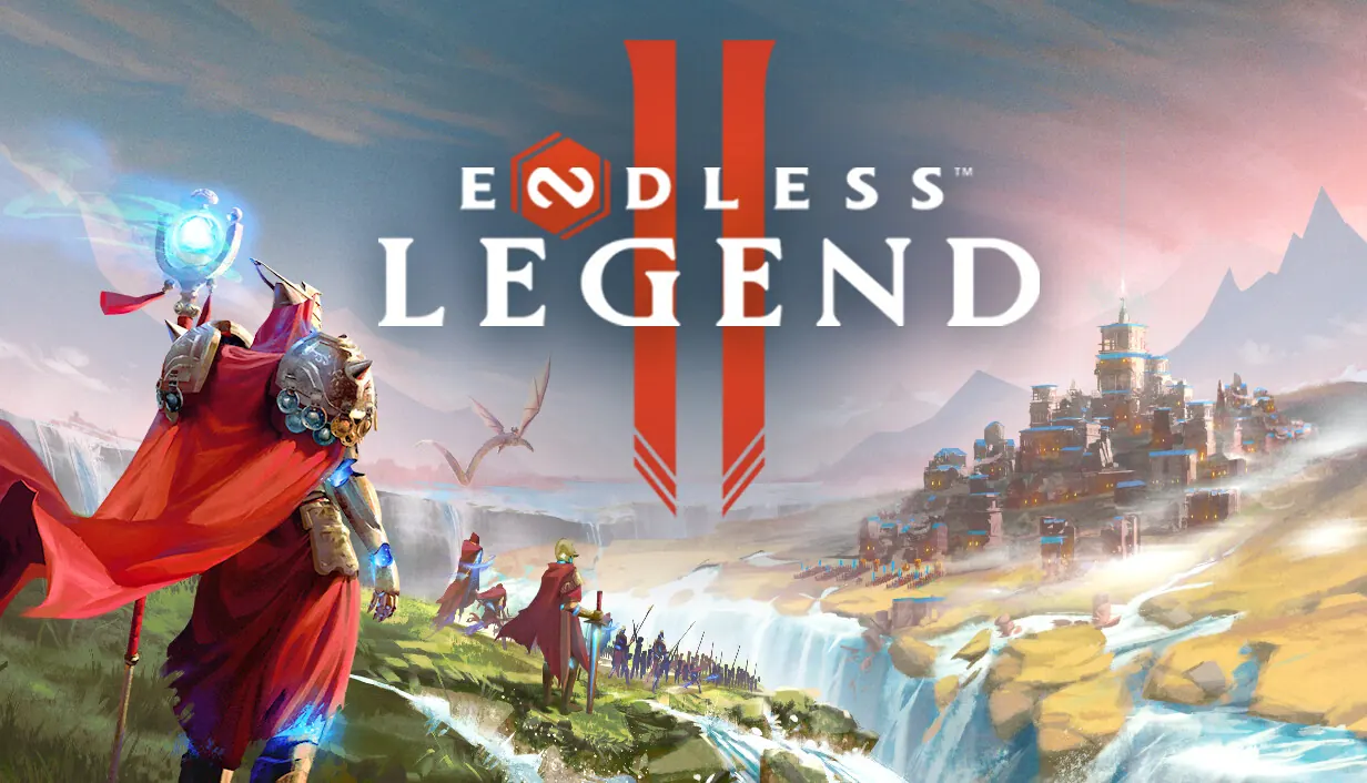 Endless Legend 2 key art. A red-cloaked hero with a glowing staff looks out over a valley of waterfalls and a walled city.