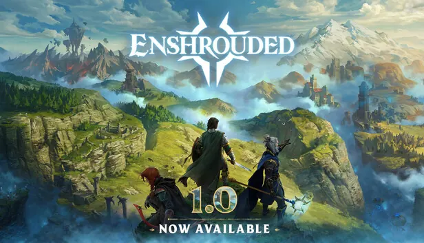 Enshrouded 1.0 art. Three adventurers look out over green valleys and mountains under the Enshrouded logo.