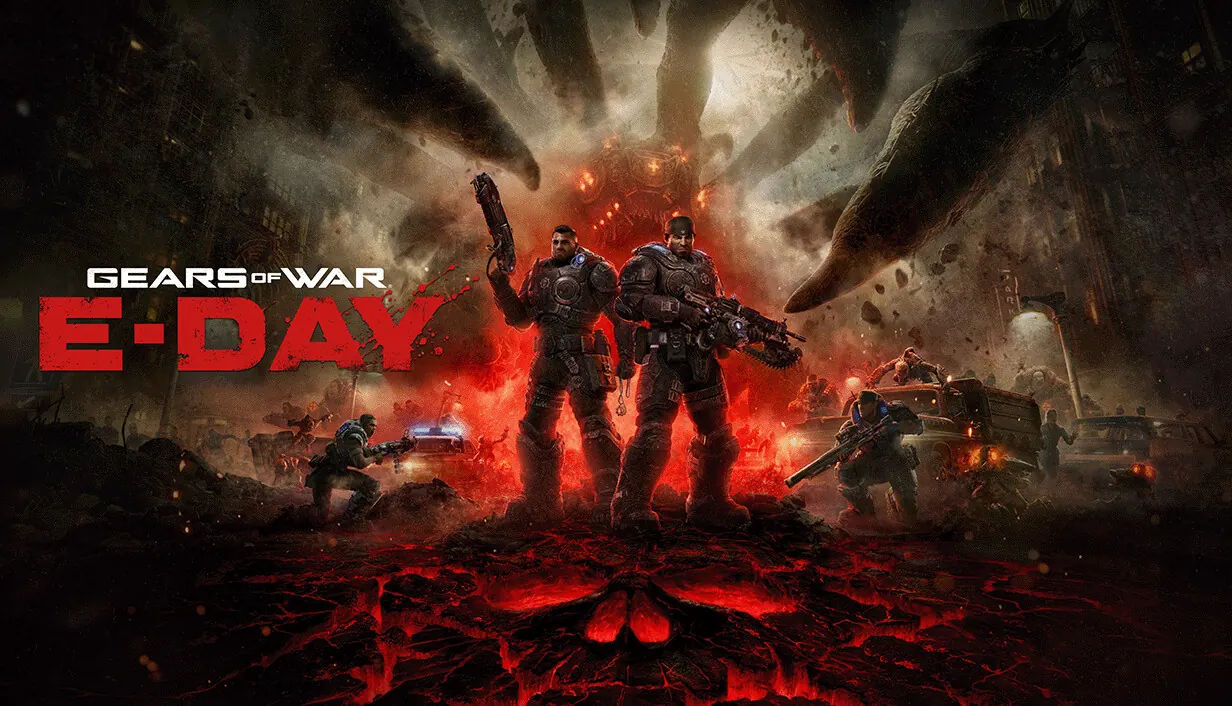 Gears of War: E-Day key art. Two armoured soldiers stand over a glowing red crater as giant tendrils rise behind them, beside the E-Day logo.