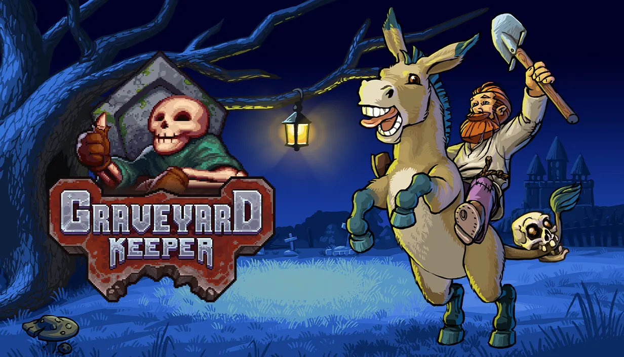 Graveyard Keeper key art. The red-bearded keeper rides a grinning donkey with a shovel raised, beside a skull giving a thumbs up and the game’s logo.