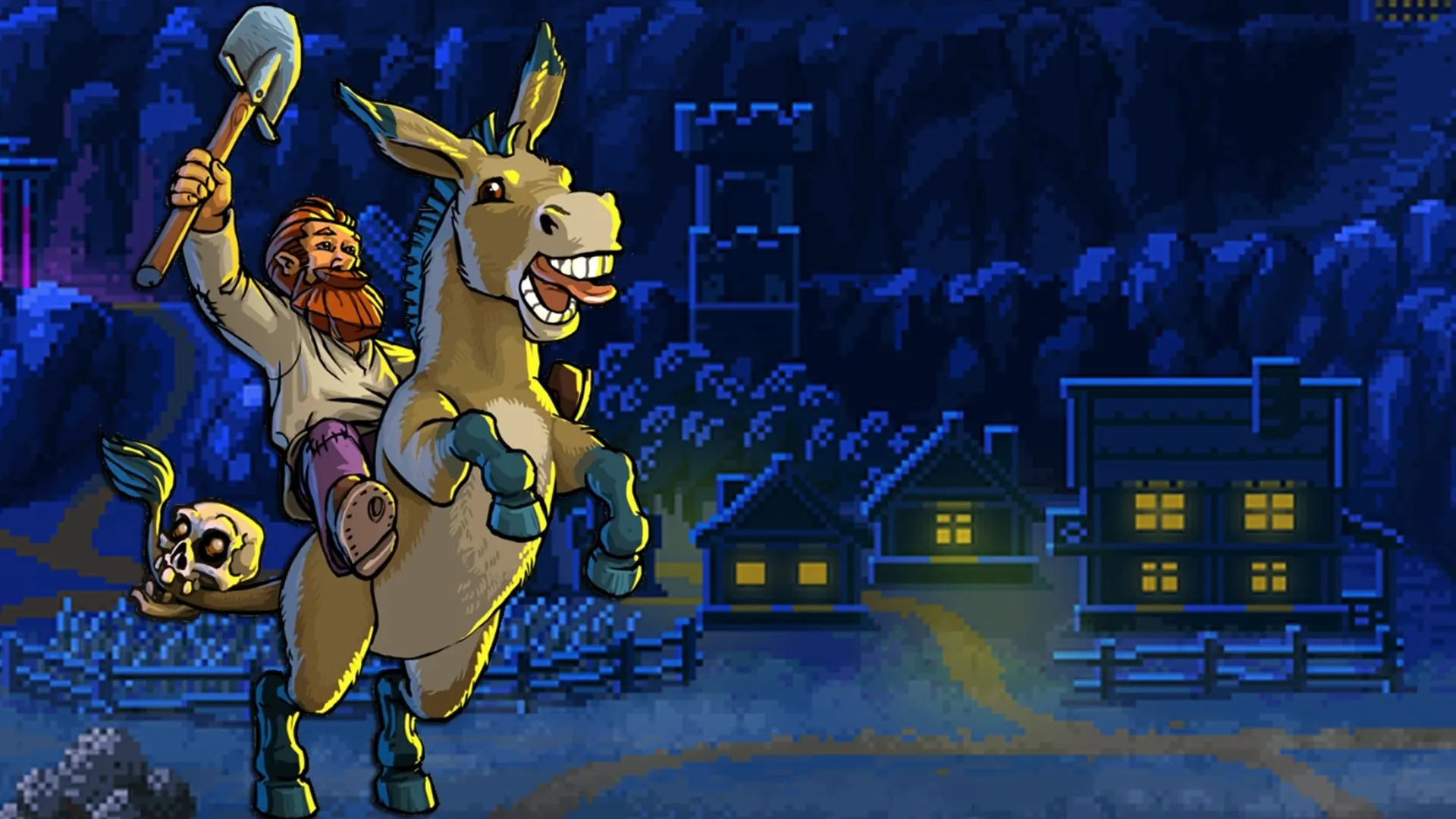 Graveyard Keeper 2 art. The red-bearded keeper rides a grinning donkey, shovel raised, past a pixel-art village at night.