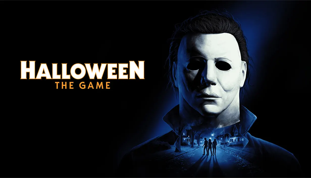 Halloween: The Game key art. Michael Myers’ white mask looms over a dark street of houses where three teenagers stand, beside the game’s logo.