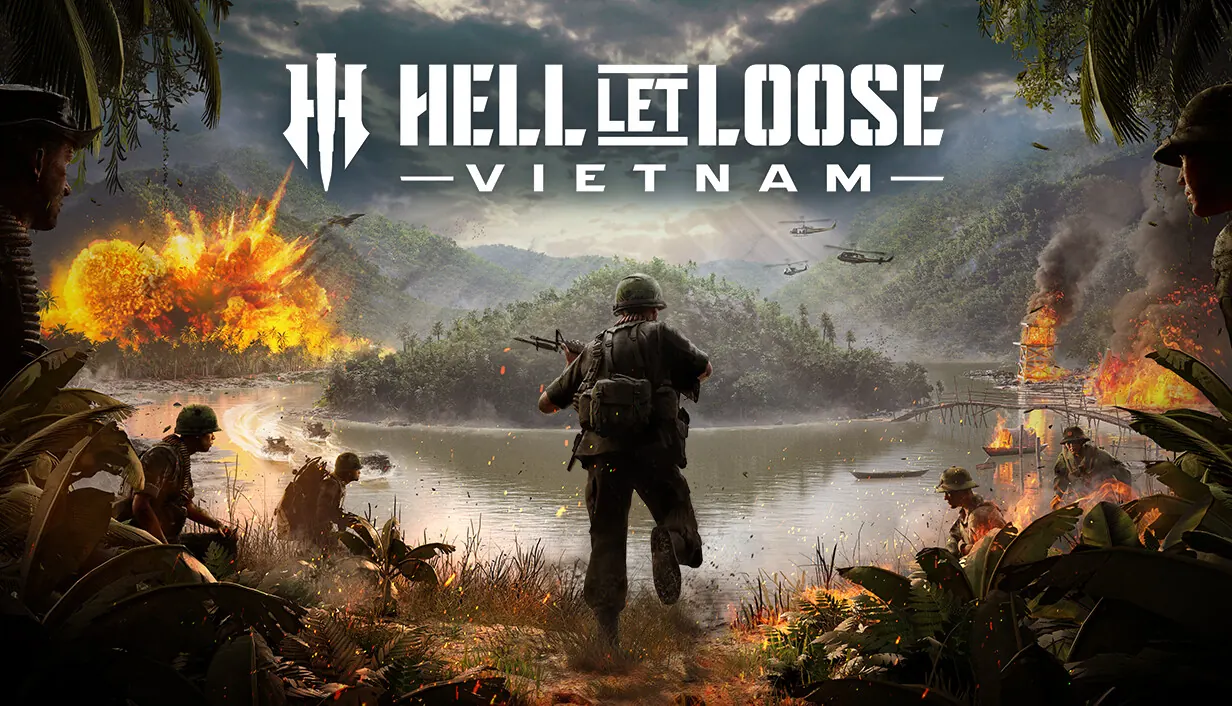 Hell Let Loose: Vietnam key art. A soldier runs through a burning river village as explosions rise from the jungle and helicopters pass overhead.
