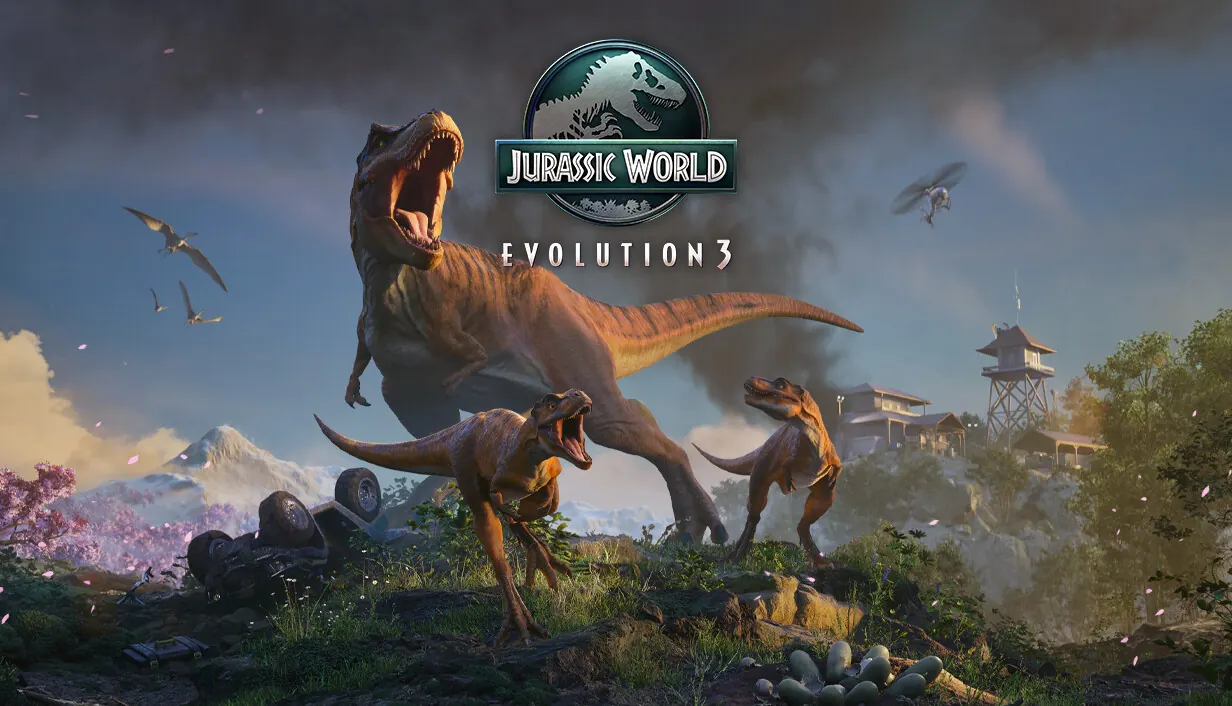 Jurassic World Evolution 3 key art. A Tyrannosaurus roars over smaller dinosaurs in a valley under the game’s logo.