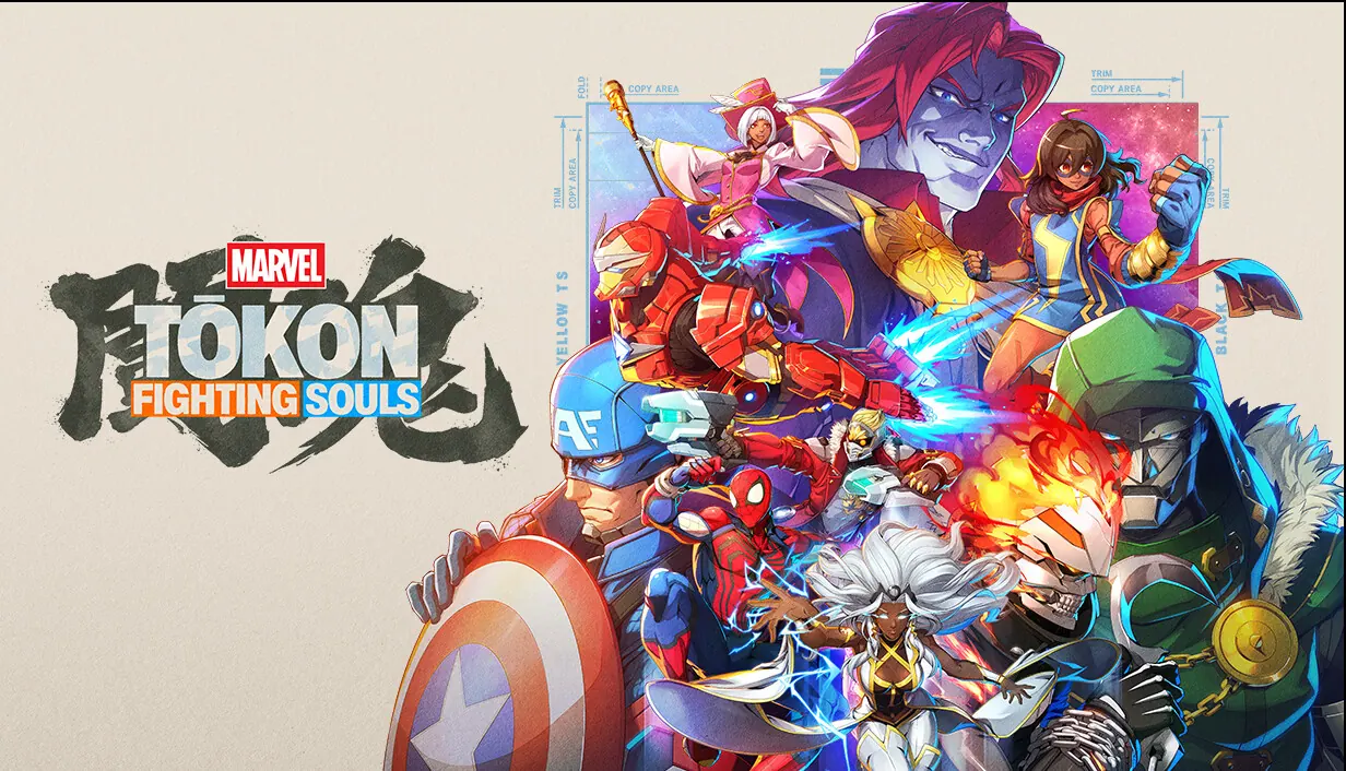 Marvel Tōkon: Fighting Souls key art. Captain America, Spider-Man, Storm, Doctor Doom and other Marvel heroes crowd together in a bright comic style beside the logo.