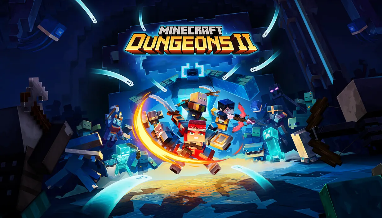 Minecraft Dungeons II key art. A band of blocky heroes leaps through a swirl of light into a crowd of mobs, under the game’s logo.