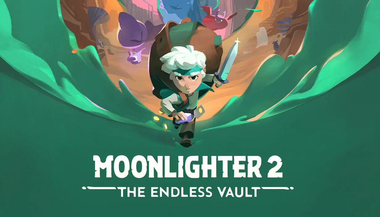Moonlighter 2: The Endless Vault key art. Will, the white-haired shopkeeper, leaps down with a sword through a green swirl, above the game’s logo.