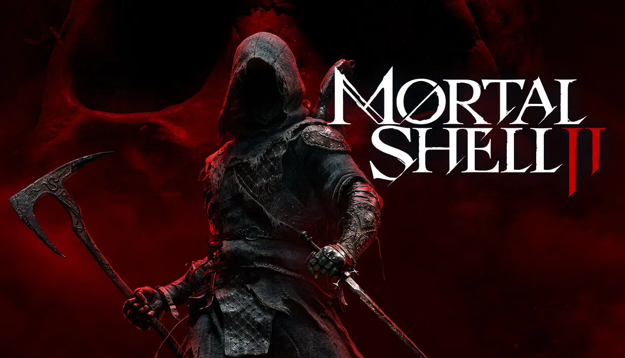 Mortal Shell II key art. A hooded warrior with a curved blade stands in red shadow beside the Mortal Shell II logo.