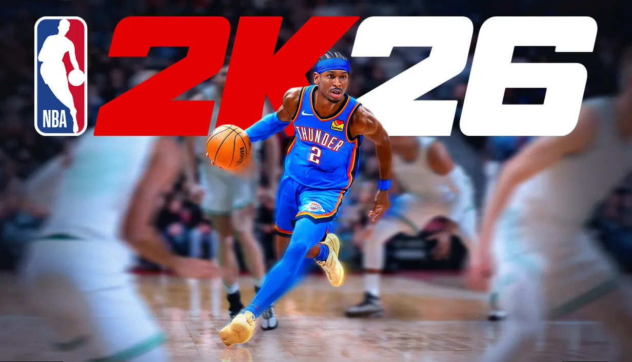 NBA 2K26 cover art. A Thunder player in a blue number 2 jersey drives past defenders under the NBA 2K26 logo.