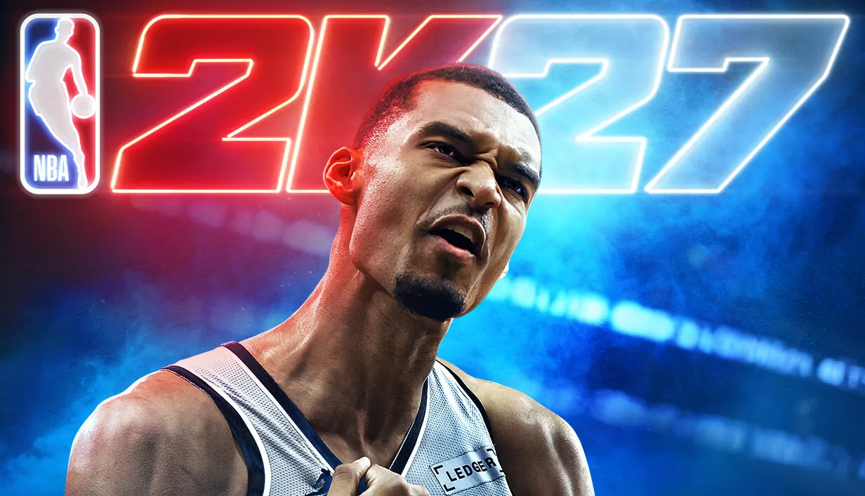 NBA 2K27 key art. A basketball player shouts in front of the glowing red and blue NBA 2K27 logo.