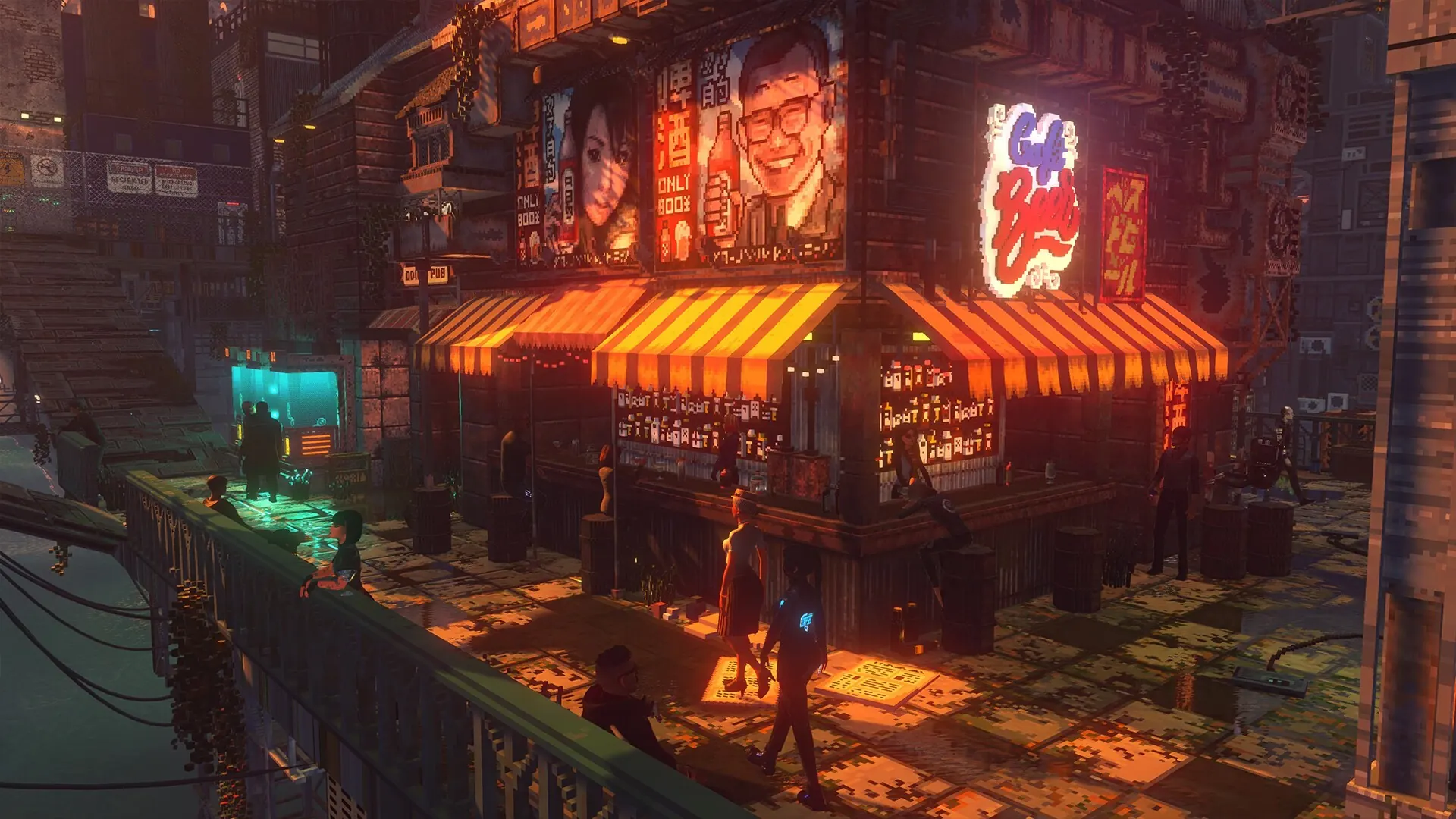 Nivalis Nights art. People gather under striped awnings at a neon-lit corner bar, below pixel-art posters and a glowing café sign.