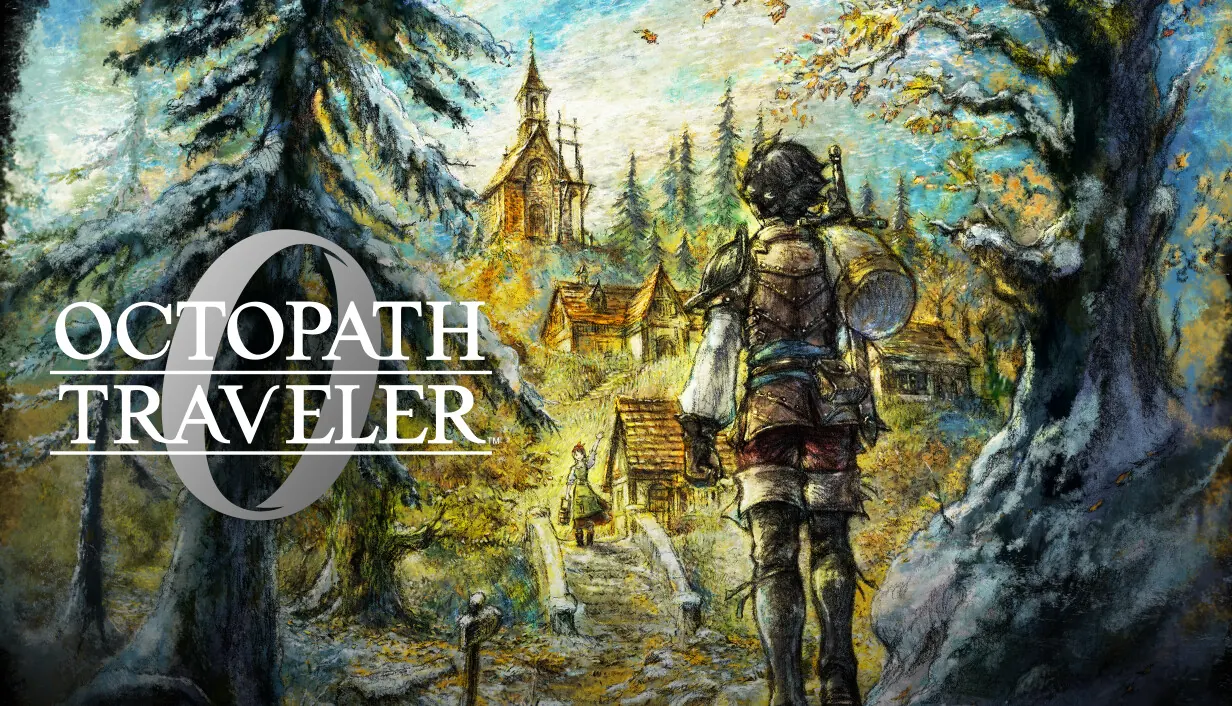 Octopath Traveler 0 key art. An armoured traveller with a staff walks toward a painted village among tall trees, beside the game’s logo.
