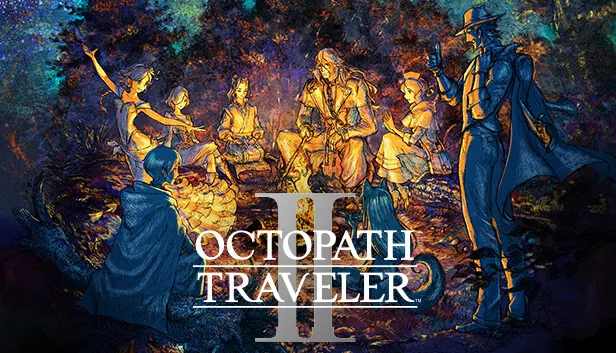 Octopath Traveler II key art. Eight travellers in a painted style gather around a fire above the game’s logo.