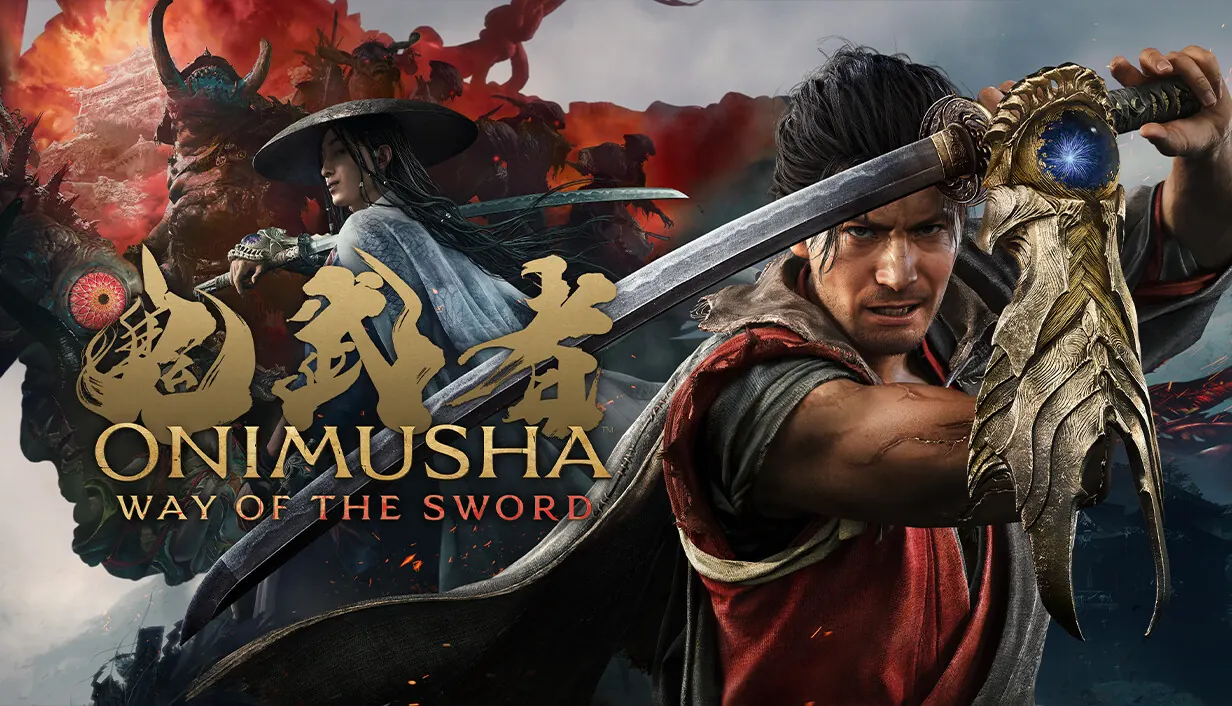 Onimusha: Way of the Sword key art. Musashi grips his sword in a gauntleted hand beside the Onimusha logo.