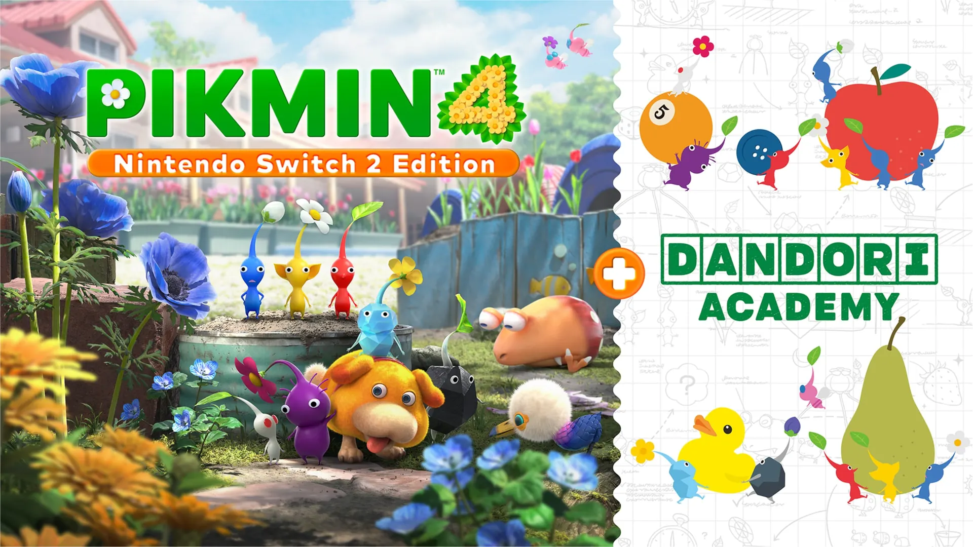 Pikmin 4 Nintendo Switch 2 Edition + Dandori Academy key art, with the game’s logo.