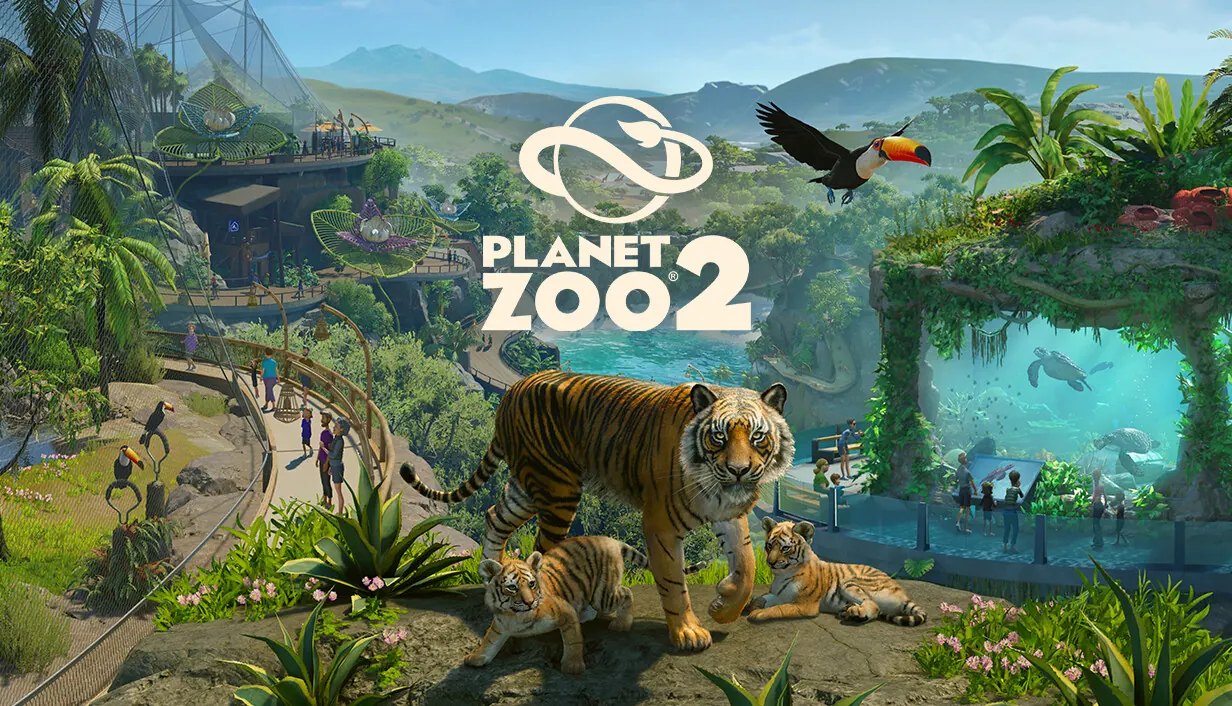 Planet Zoo 2 key art. A tiger and two cubs rest on a rock above a green zoo, with a toucan in flight and an aquarium of sea turtles behind them.