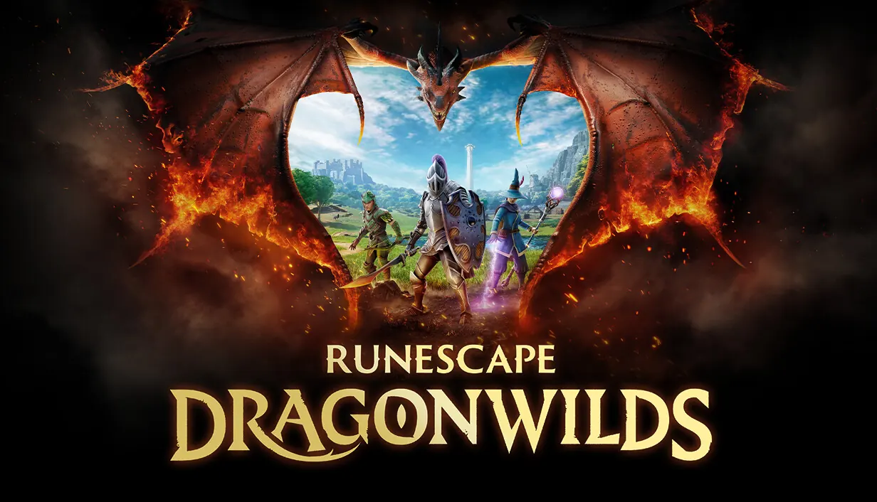 RuneScape: Dragonwilds key art. A dragon’s burning wings frame a party of adventurers in a green valley, above the Dragonwilds logo.