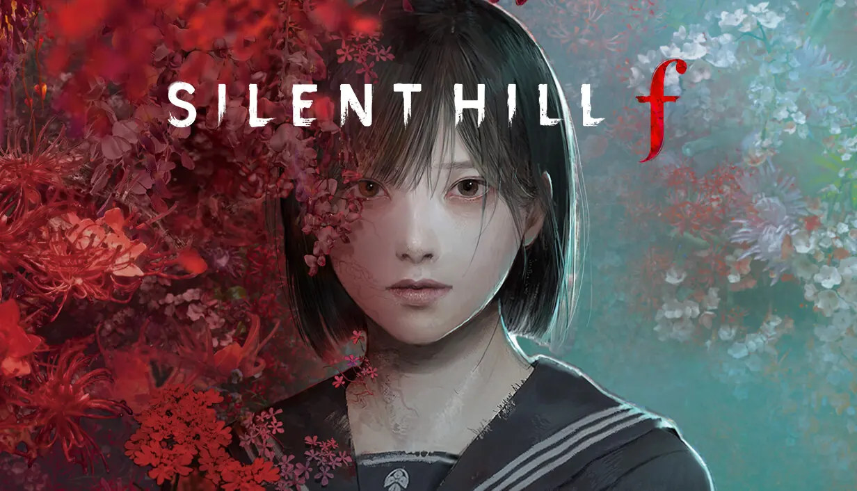 Silent Hill f key art. A schoolgirl in a sailor uniform looks out through red spider lilies under the game’s logo.
