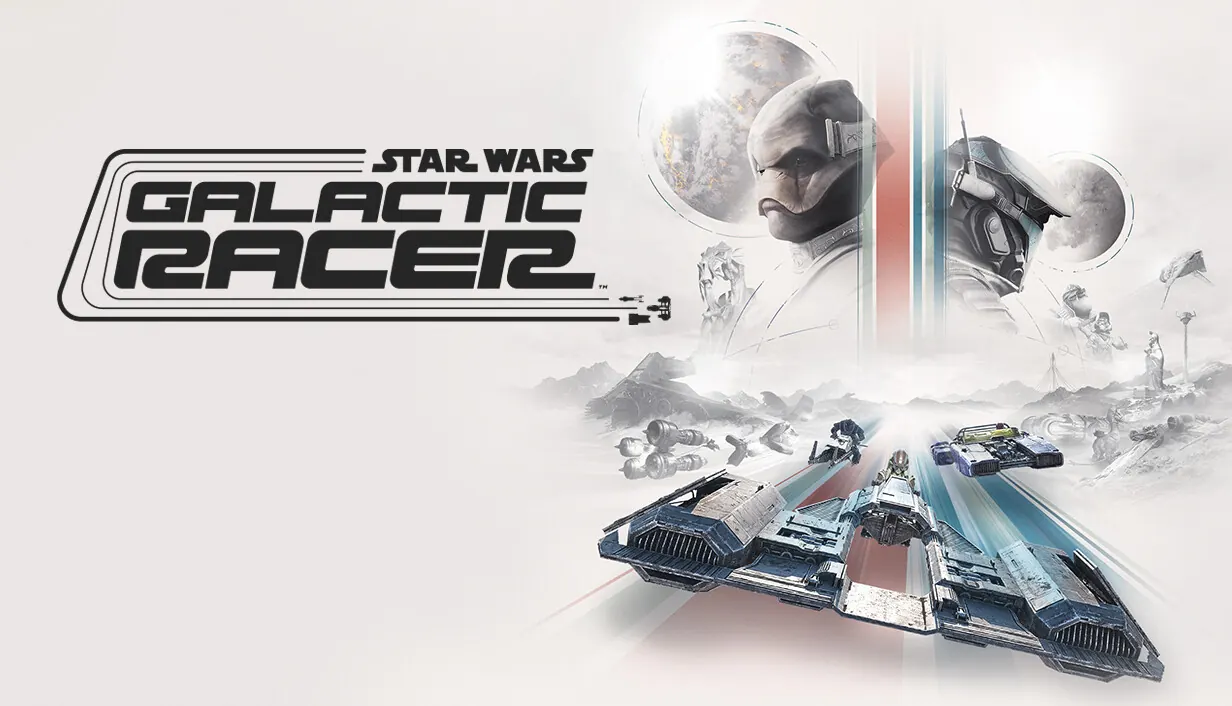 Star Wars: Galactic Racer key art. A racing speeder skims a pale desert road as two masked pilots face each other above it.