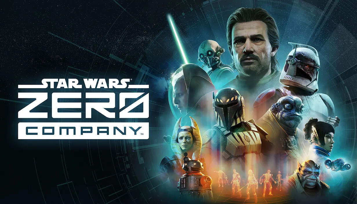 Star Wars Zero Company key art. The squad’s commander, a clone trooper, a Mandalorian and other operatives gather beside the Zero Company logo.