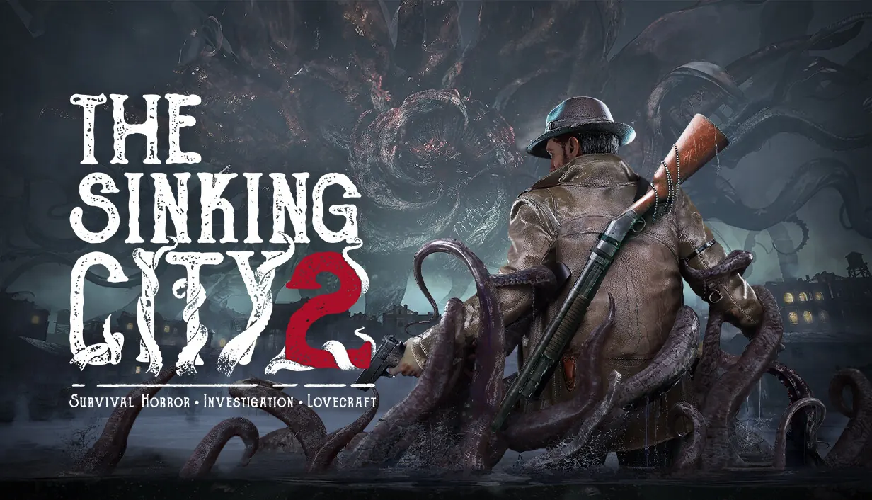 The Sinking City 2 key art. A man in a hat and coat, a rifle on his back, wades into dark water as tentacles rise around him.