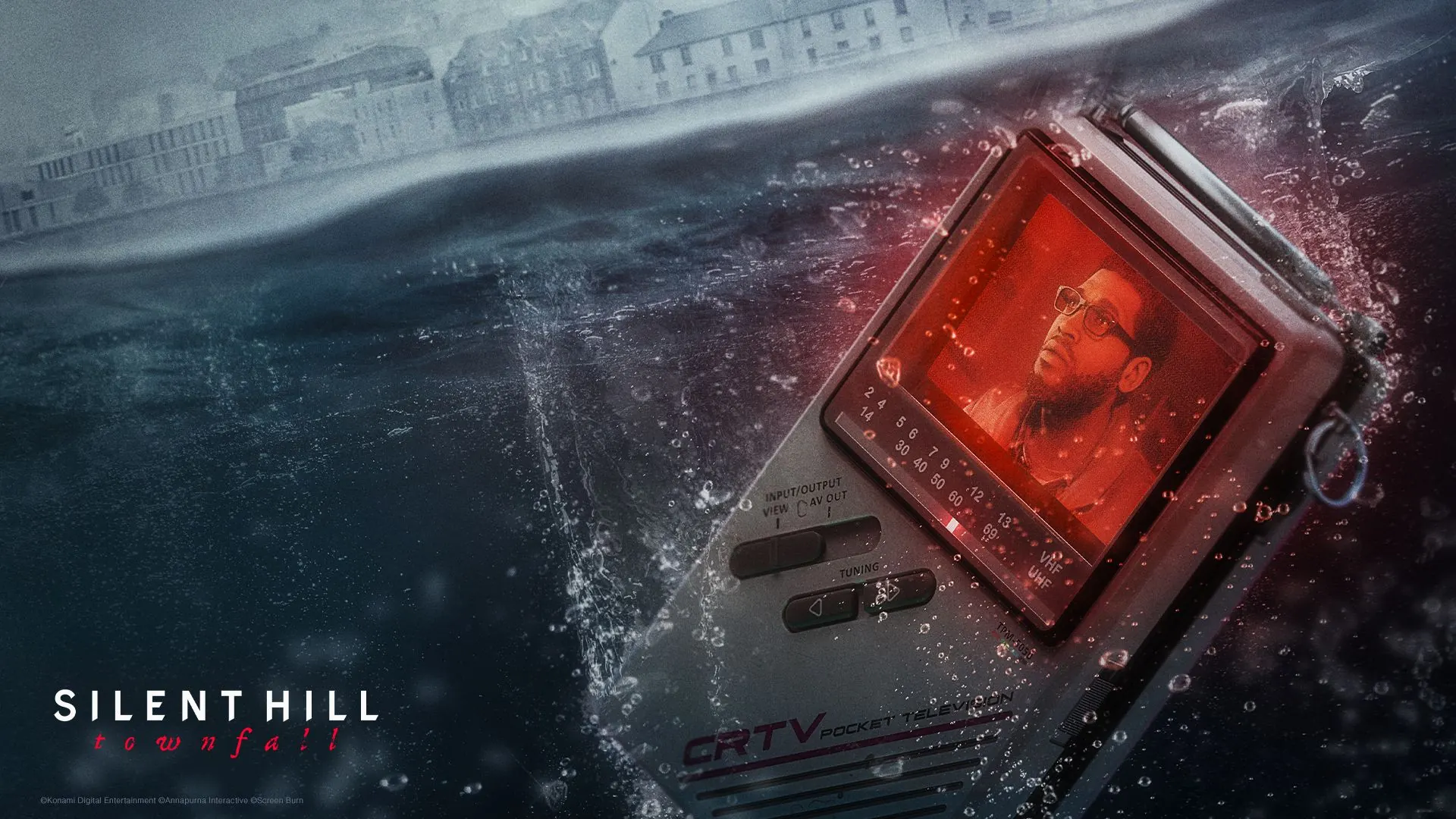 Silent Hill: Townfall key art. A pocket television sinks through dark water below a row of seaside houses, a man’s face on its red screen.