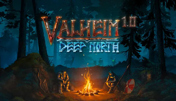 Valheim 1.0 Deep North art. Two Vikings sit by a campfire in a dark forest under the Valheim logo.