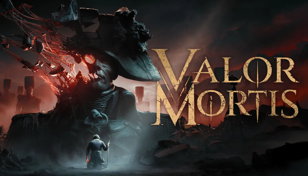 Valor Mortis key art. A soldier kneels on a dark battlefield below a towering, broken statue of Napoleon, its face split open by glowing red growths.
