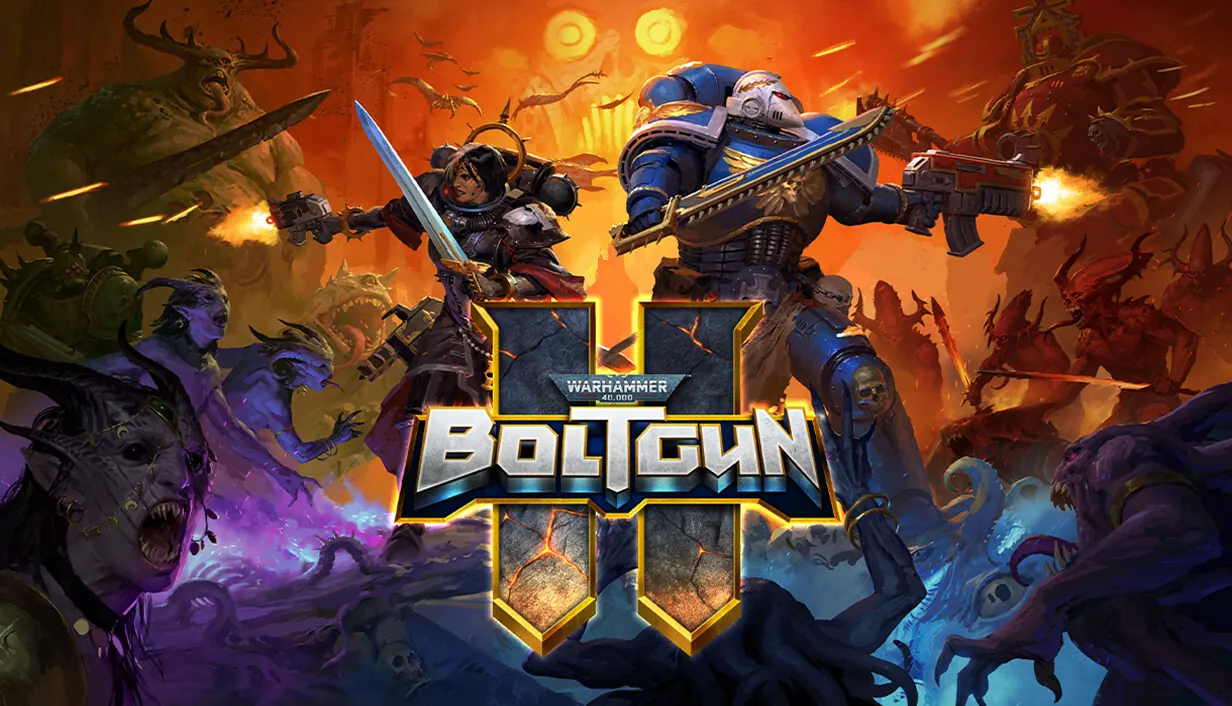 Warhammer 40,000: Boltgun 2 key art. A blue-armored Space Marine and a Sister of Battle with a raised sword fire into a horde of Chaos daemons under a burning sky.