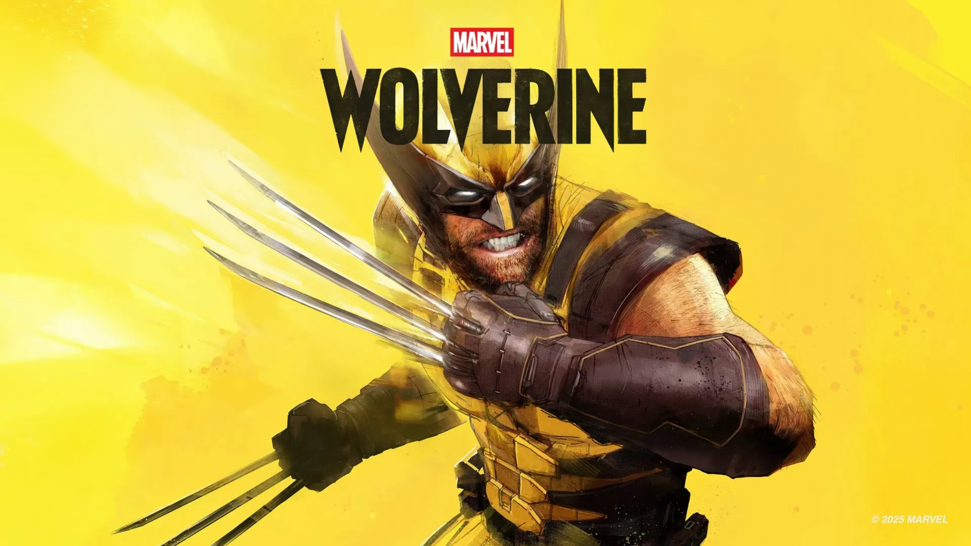 Marvel’s Wolverine key art. Logan, in his yellow and brown suit, bares his teeth and his claws against a yellow background.